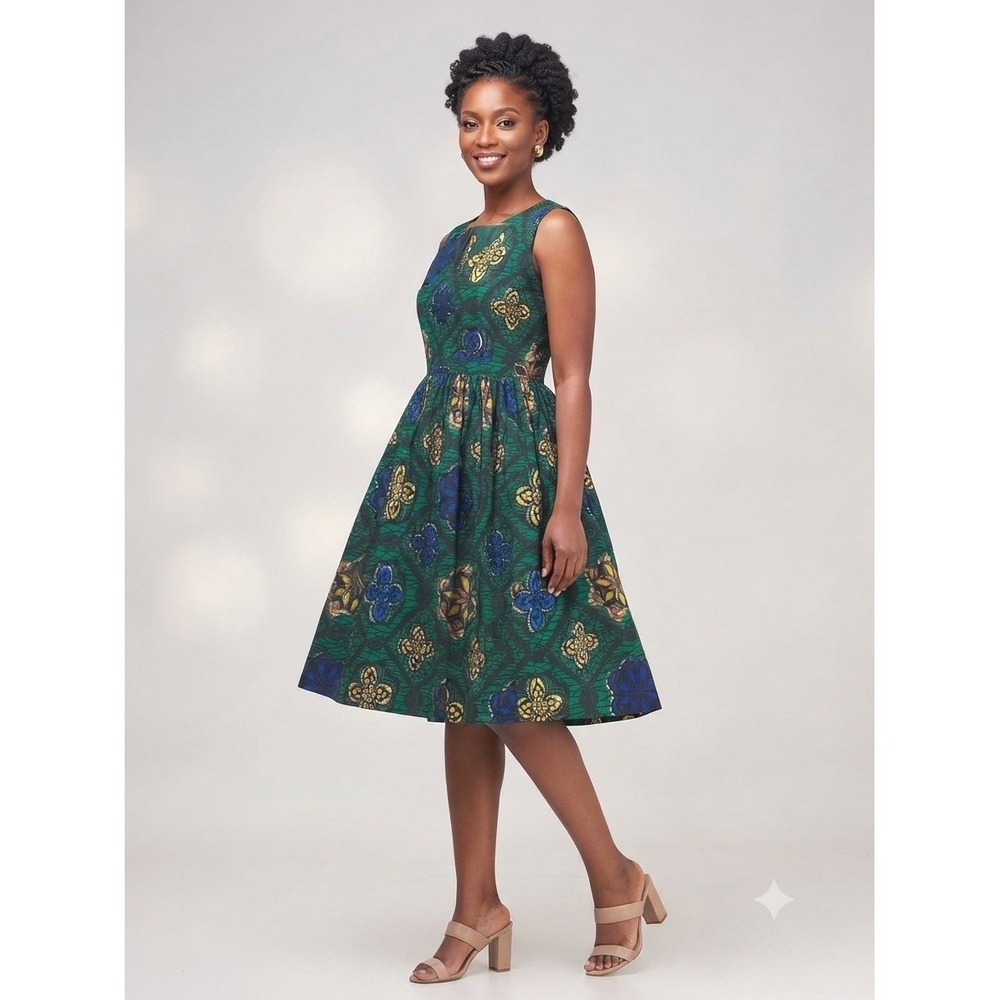 African Anningtex Veritable Wax Blue Green Flared Sleeveless Lined Dress New